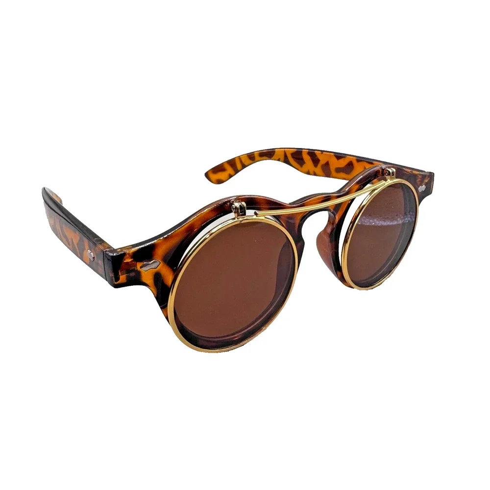 Music Festival Fashion Sunglasses Round Lenses Flip-Up Unisex - Tortoise